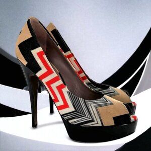 MISSONI Multicolor Beige Red Black Chevron Peep Toe Platform Heels Size 37